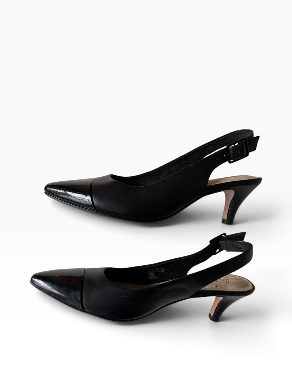 Clarks Collection Womens 7 Black Leather Slingback Pumps Pointed Cap Toe Heel - Picture 2 of 8